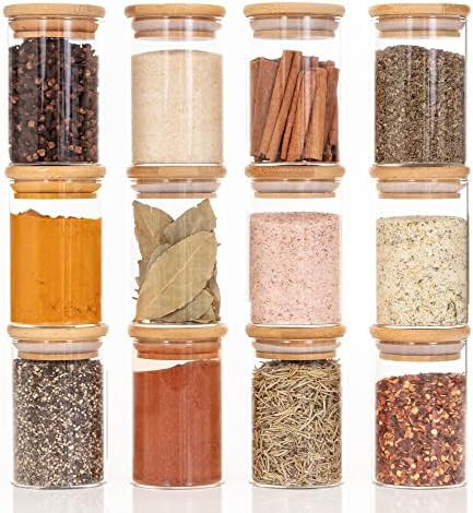 Bloomondo Empty Spice Jars with Label Pack (12x Bamboo Lid Glass Jar). Small 6oz Spice Storage Bottl | Amazon (US)