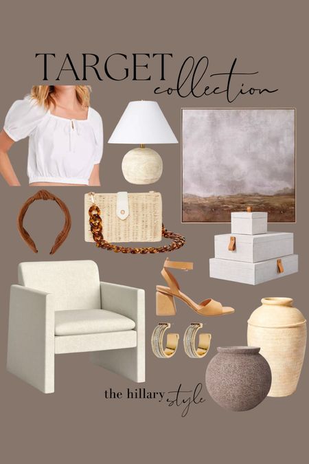 Target Collection: Accent Chair // Neutral Landscape Art // White Blouse // Vase // Planter // Straw Handbag // Storage Boxes // Knotted Headband // Textured Hoops // Neutral Block Heels

#LTKfit #LTKhome #LTKFind