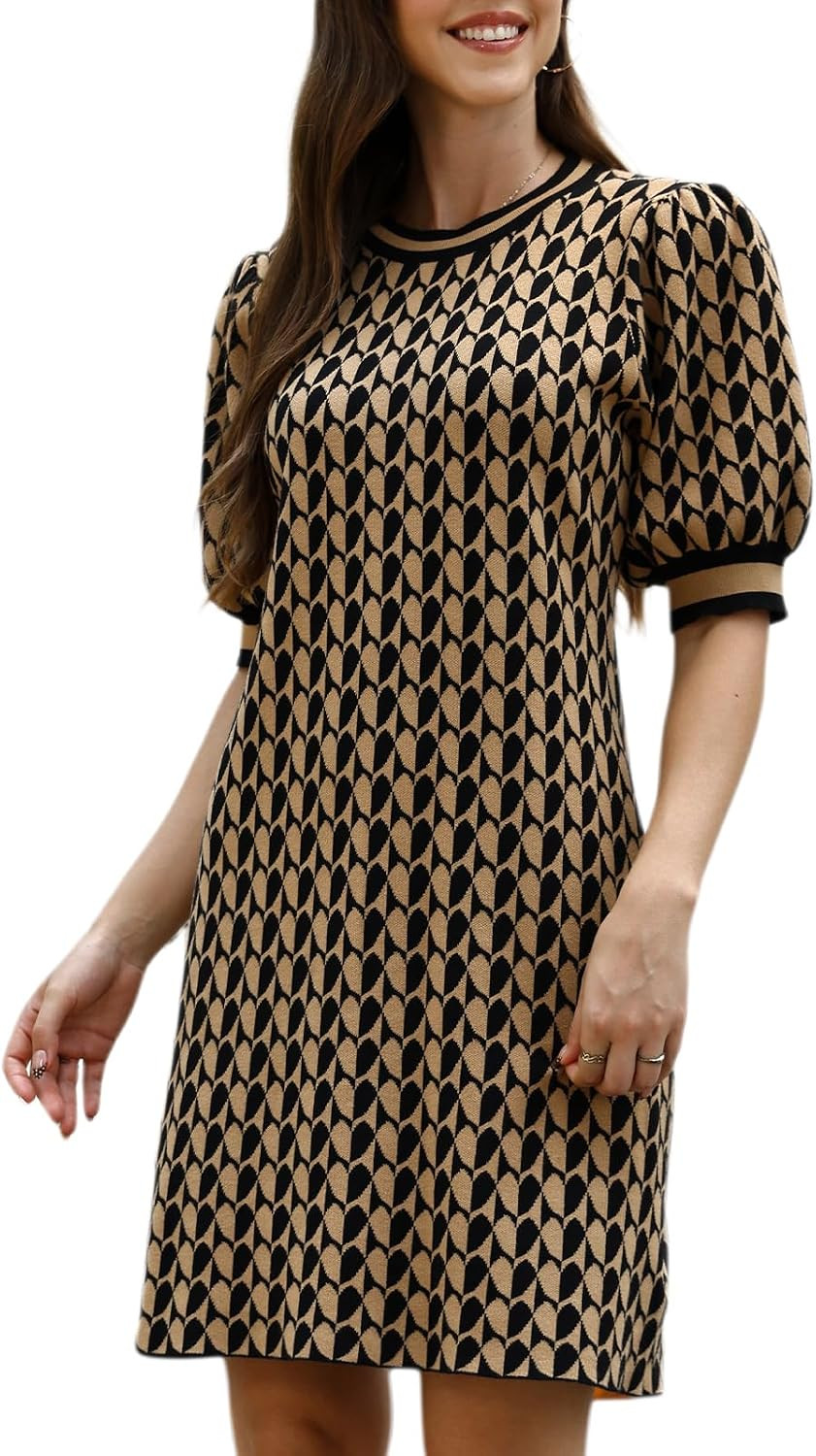 D-Sun Women's Knit Sweater Dress Geometric Pattern Short Sleeve Mini Dress | Amazon (US)