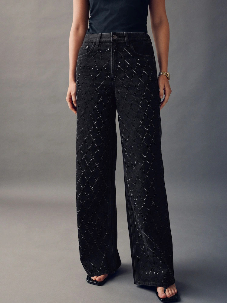 Black Embellished Wide Leg Jeans | Next EU