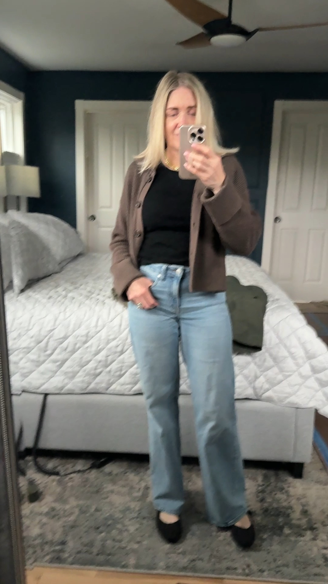 Fall transition outfit from @Quince. Fisherman cardigan  size XS. Bella wide leg jeans size 0. @Rothy's animal print Mary Jane’s size up. Fall outfits women over 50, affordable outfits, quince outfit, style over 50, outfits with jeans, wide leg denim