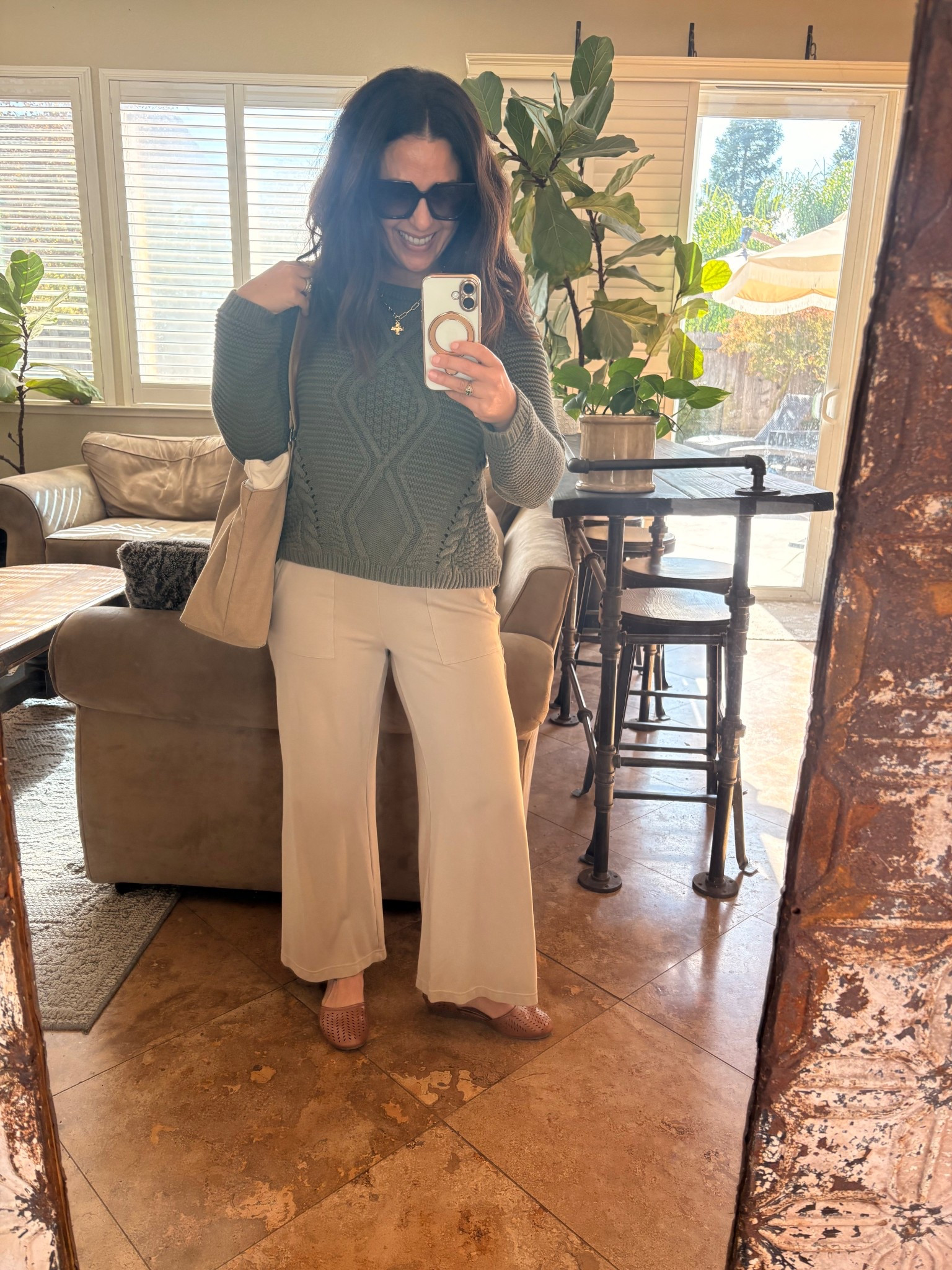 Cozy, easy fall workwear teacher outfit. Olive green sweater, tan neutral pull on wide leg pants, memory foam flats. 

Petite style
Teacher style 

#LTKWorkwear #LTKPetite #LTKSeasonal
