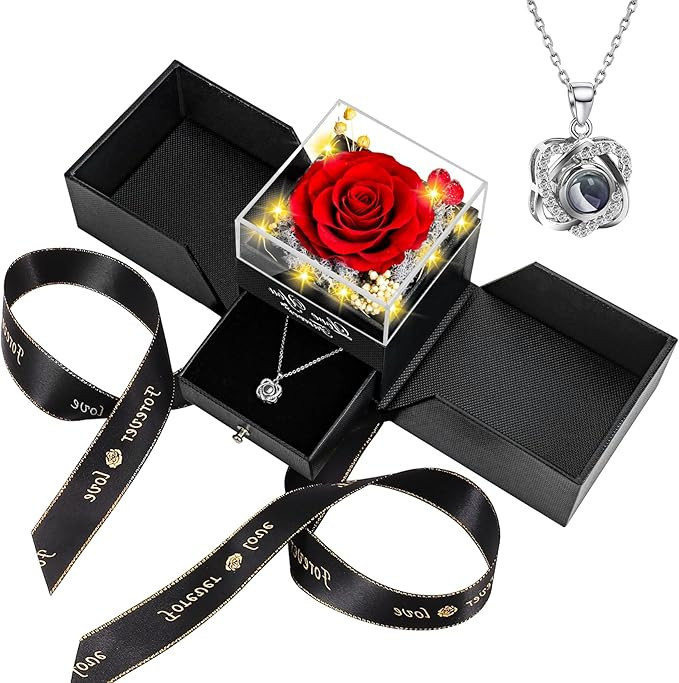 Preserved Red Real Rose with Heart I Love You Necklace -Eternal Flowers Rose Birthday Gifts for W... | Amazon (US)