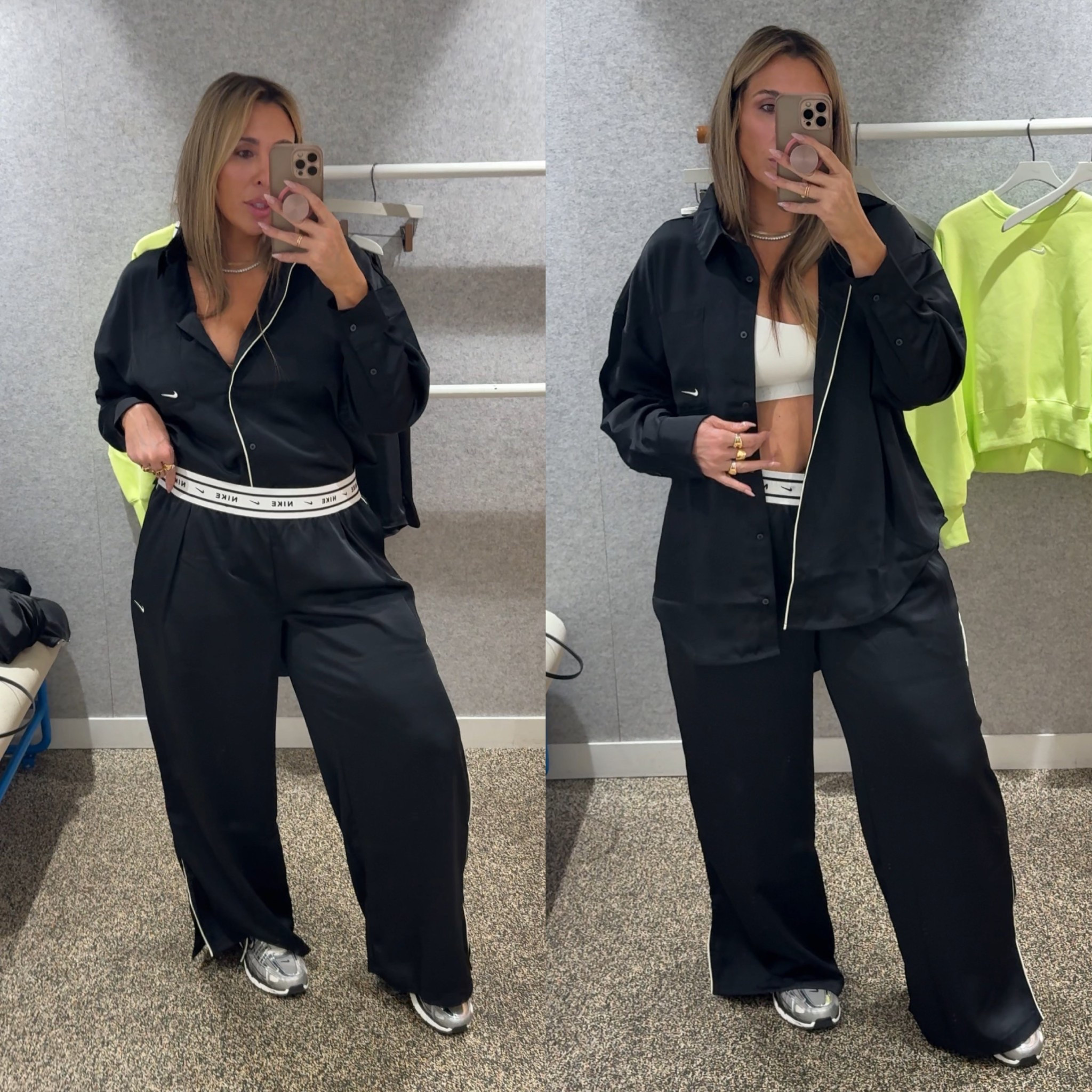 Nike Satin Set (this is so good) 

top runs very oversized wearing a L. I also fit the medium but I prefer oversized. 

pants wearing the L on the left (too short) wearing XL on left (big in waist). I prefer the XL fit but need to take in waist band

#LTKMidsize #LTKActive #LTKOver40