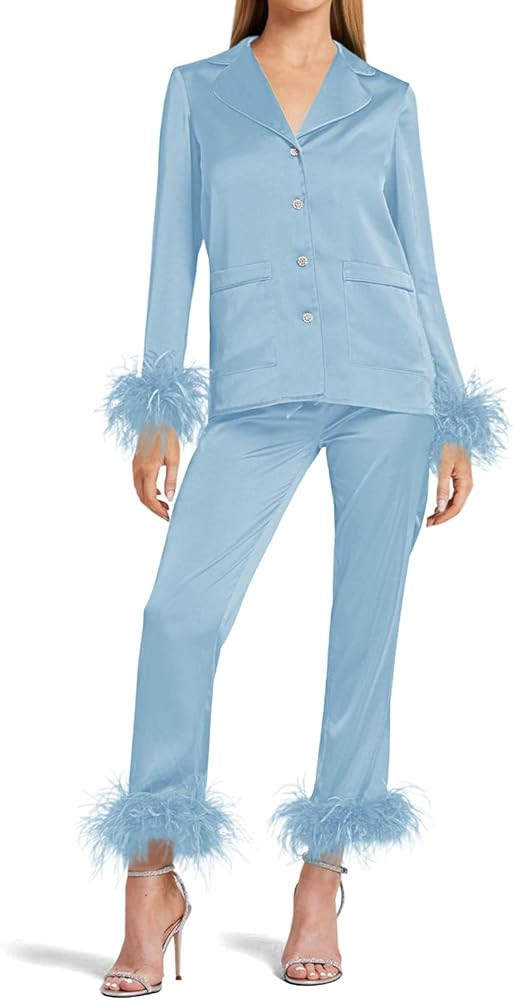 Women's Silk Satin Pajama Set Feather Trim Bridal Long Sleeve Pocketed Lounge Sets Sleepwear | Amazon (US)