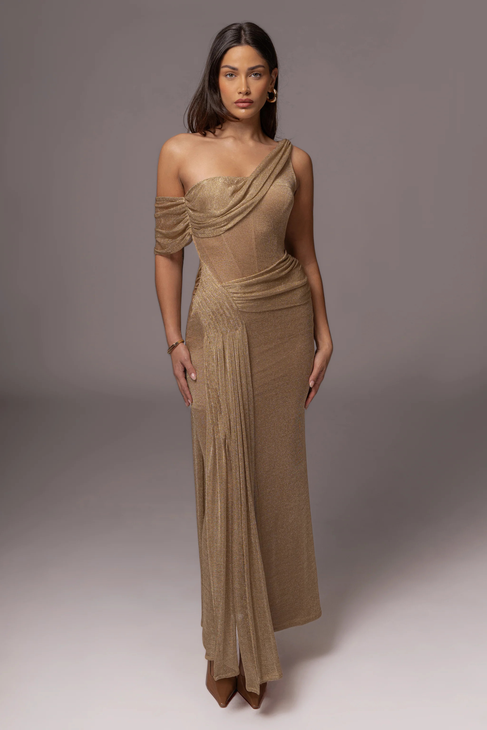 Gold Draped Metallic Maxi Dress | JLUXLABEL