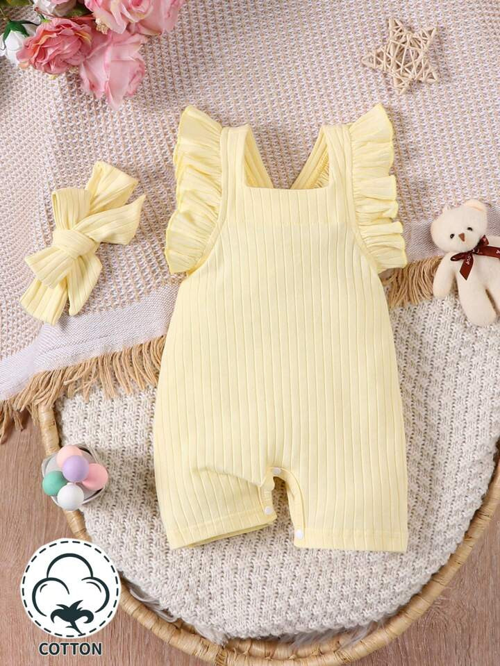Baby Girl Solid Color Ruffle Decor Ribbed Romper | SHEIN