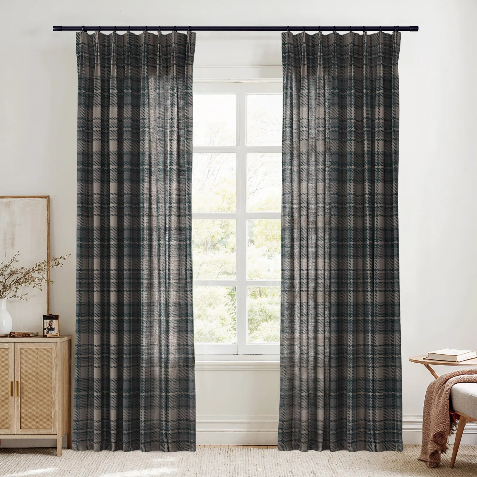 TWOPAGES Unlined Plaid Curtain Gingham Faux Linen Pinch Pleat Curtain | Wayfair North America