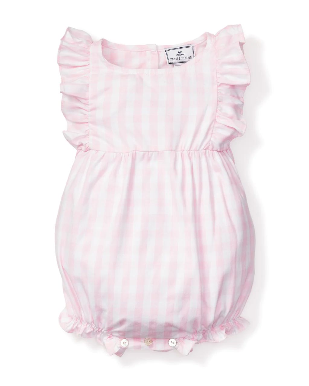 Baby's Twill Ruffled Romper in Pink Gingham | Petite Plume