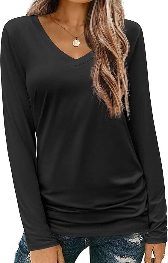 Zeagoo Womens T Shirts Long Sleeve V Neck Basic Tee Soft Casual Loose Fit Fall Tops Outfits 2025 | Amazon (US)