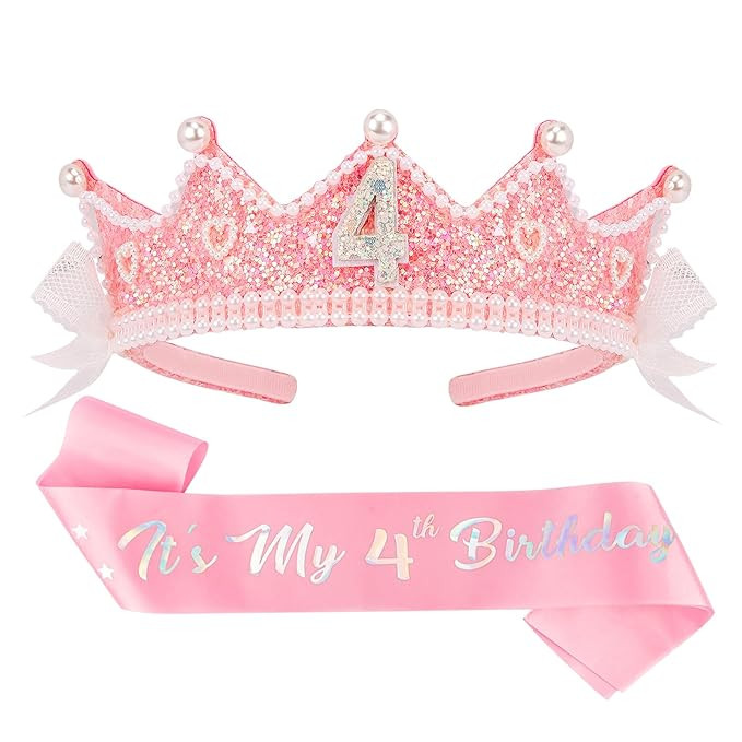 CUBACO Birthday Girl Crown and Sash, 4th Birthday Girl Headband Princess Pink Crown 4 Year Old Gi... | Amazon (US)