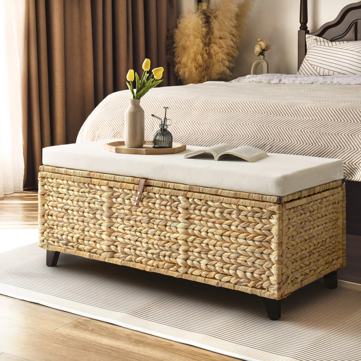 Leimomi 43.3" Flip Top Wicker Upholstered Storage Bench with Detachable Cushion | Wayfair North America