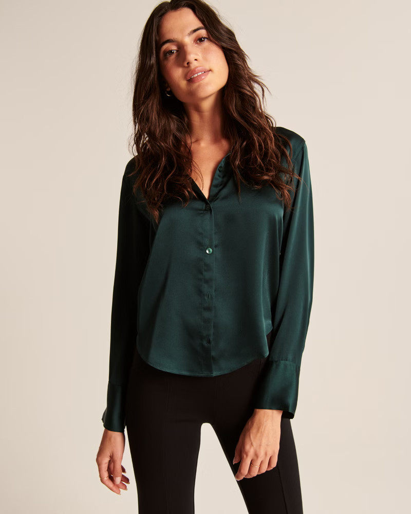 Long-Sleeve Satin Button-Up Shirt | Abercrombie & Fitch (US)