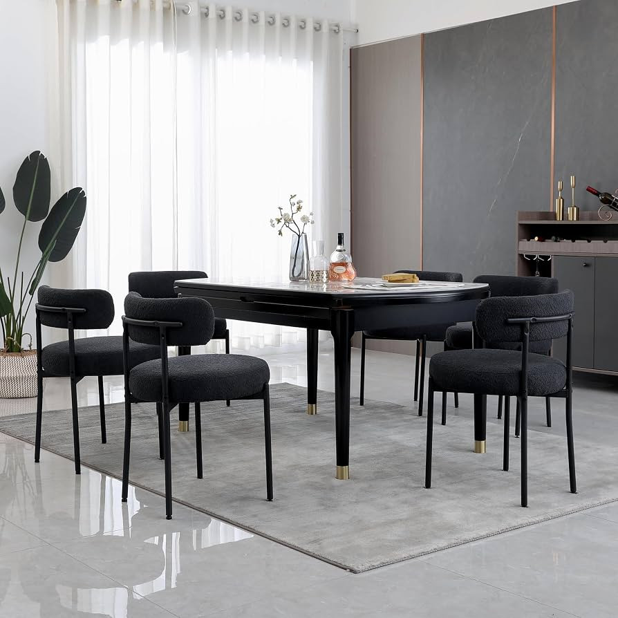 Black Dining Chairs Set of 6, Boucle Dining Room Chairs Mid-Century Modern Kitchen Chairs with Cu... | Amazon (US)
