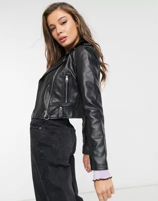 Bershka faux leather biker jacket in black | ASOS | ASOS (Global)