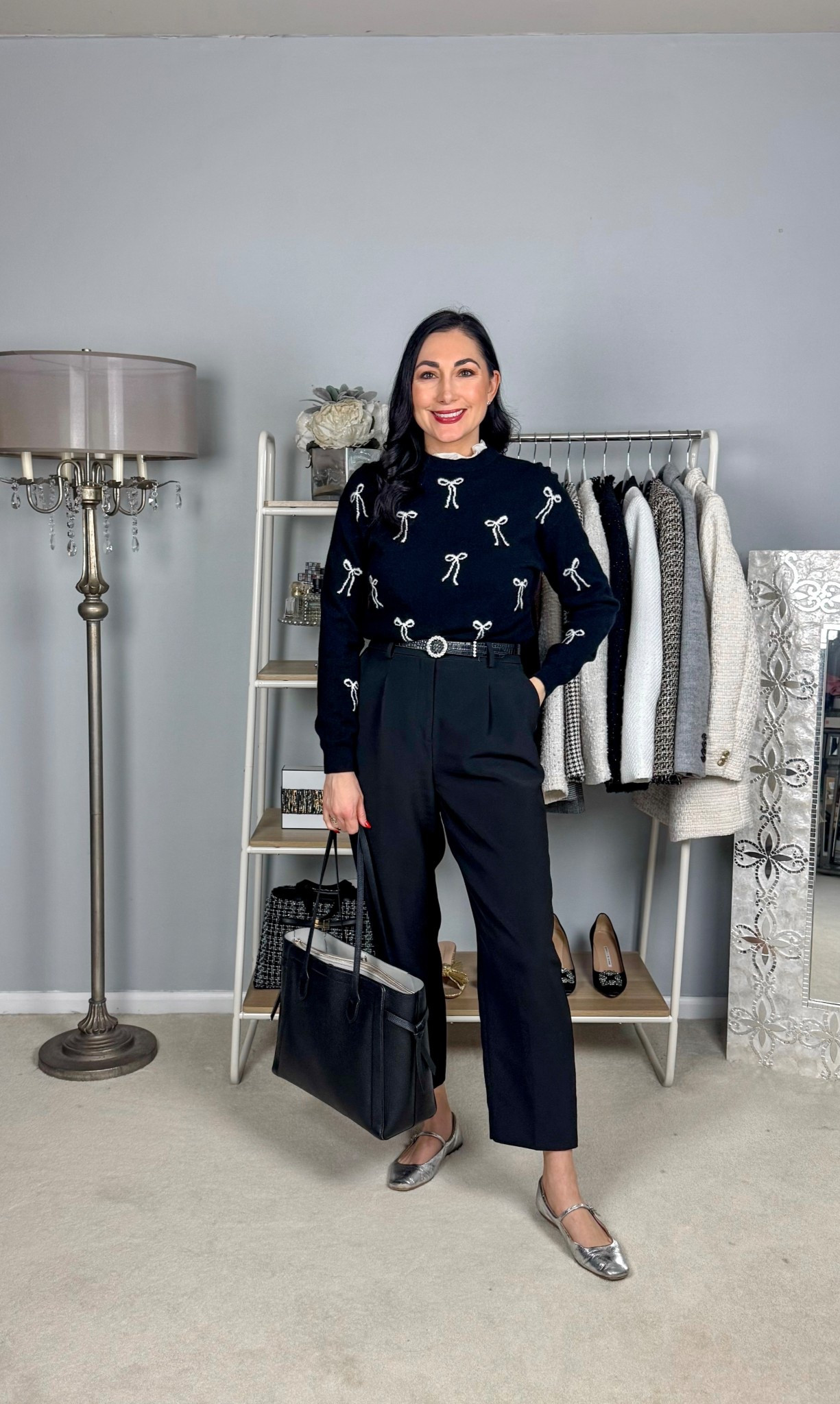 Classic business casual work outfit 🖤🤍

Cashmere bow sweater size small, TTS
Black crepe dress pants size 4 curvy, TTS
Silver Mary Jane flats size 7, TTS

Work wear 
Office outfit 


#LTKWorkwear #LTKHoliday #LTKCyberWeek