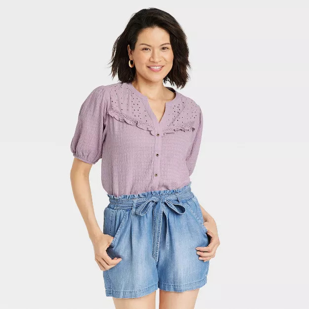 Women's Balloon Short Sleeve Button-Front Textured Top - Knox Rose™ | Target