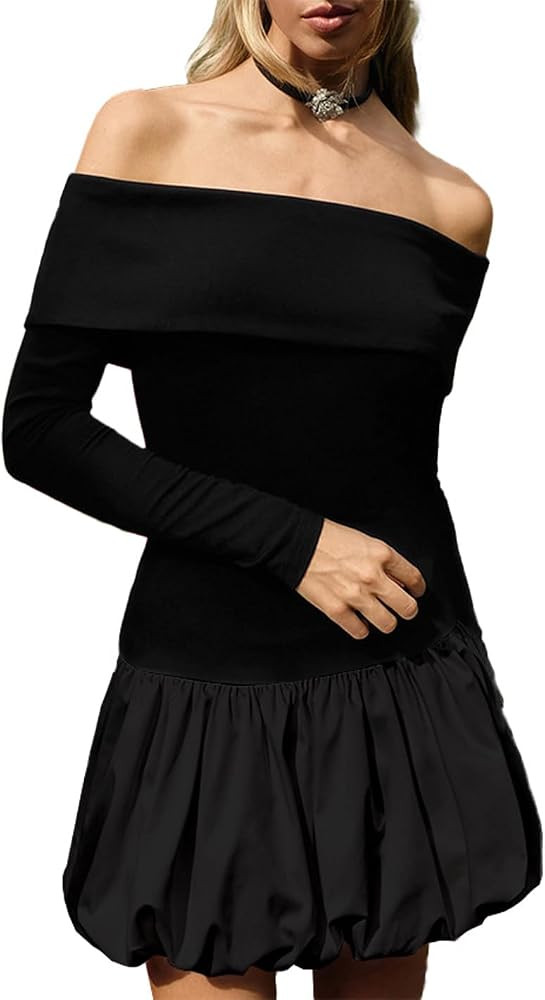 ABINGOO Women Off Shoulder Bubble Mini Dress Casual Patchwork Pleated Puff Short Dresses Elegant ... | Amazon (CA)