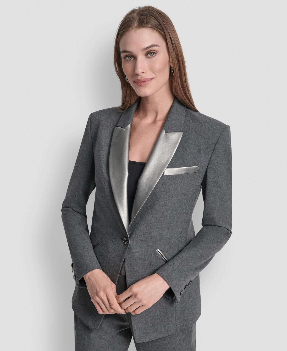 Dkny Women's Notch Collar One-Button Tuxedo Jacket - Grey Melange | Macy's