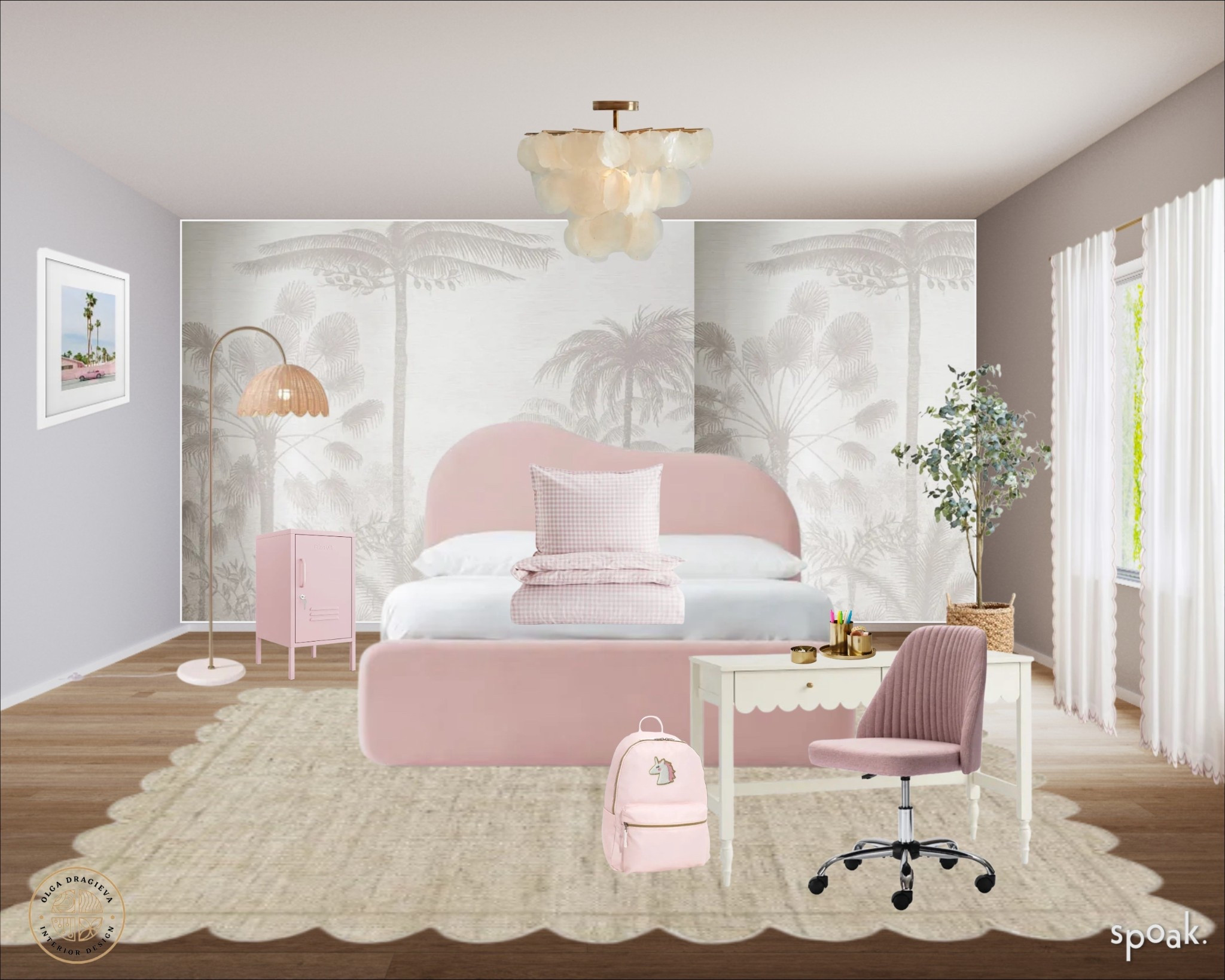 California-inspired teen room! Gorgeous wall mural, scalloped neutral rug, scalloped desk, pink upholstered bed, blush desk chair, gorgeous chandelier. #homedecor #teenbedroom #girlsbedroom

#LTKHome #LTKKids #LTKStyleTip