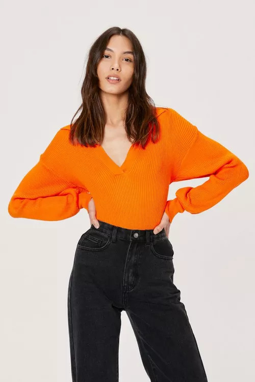 Ribbed Knit V Neck Collar Detail Bodysuit | Nasty Gal (US)