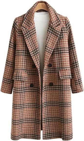 Chartou Women's Winter Oversize Lapel Collar Woolen Plaid Double Breasted Long Peacoat Jacket | Amazon (CA)