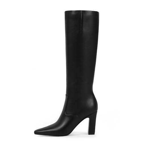 Easyfox Black Knee High Boots for Women Chunky Heel Leather Black Boots Square Toe Tall Long Boot Dress Block Heeled Knee High Boot 2025 Size 6 | Amazon (US)