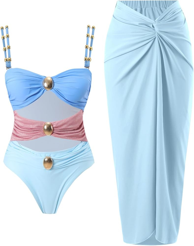 Women's One Piece Swimsuit with Cover up Set Beach Wrap Skirt Retro Bikini Set Two Piece Bathing ... | Amazon (US)