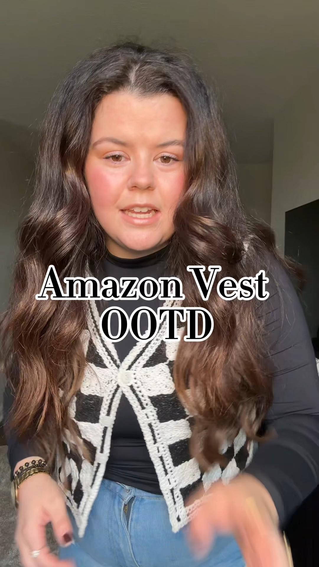 XL in mock neck 
XL in vest 
14 in jeans 

Amazon Vest Outfit of the day | Midsize | Neutral Fashion 
