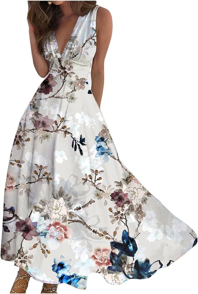 Sundresses for Women,2024 Spring Summer Elegant Wrap V Neck Sleeveless Maxi Dress,Trendy Floral P... | Amazon (US)