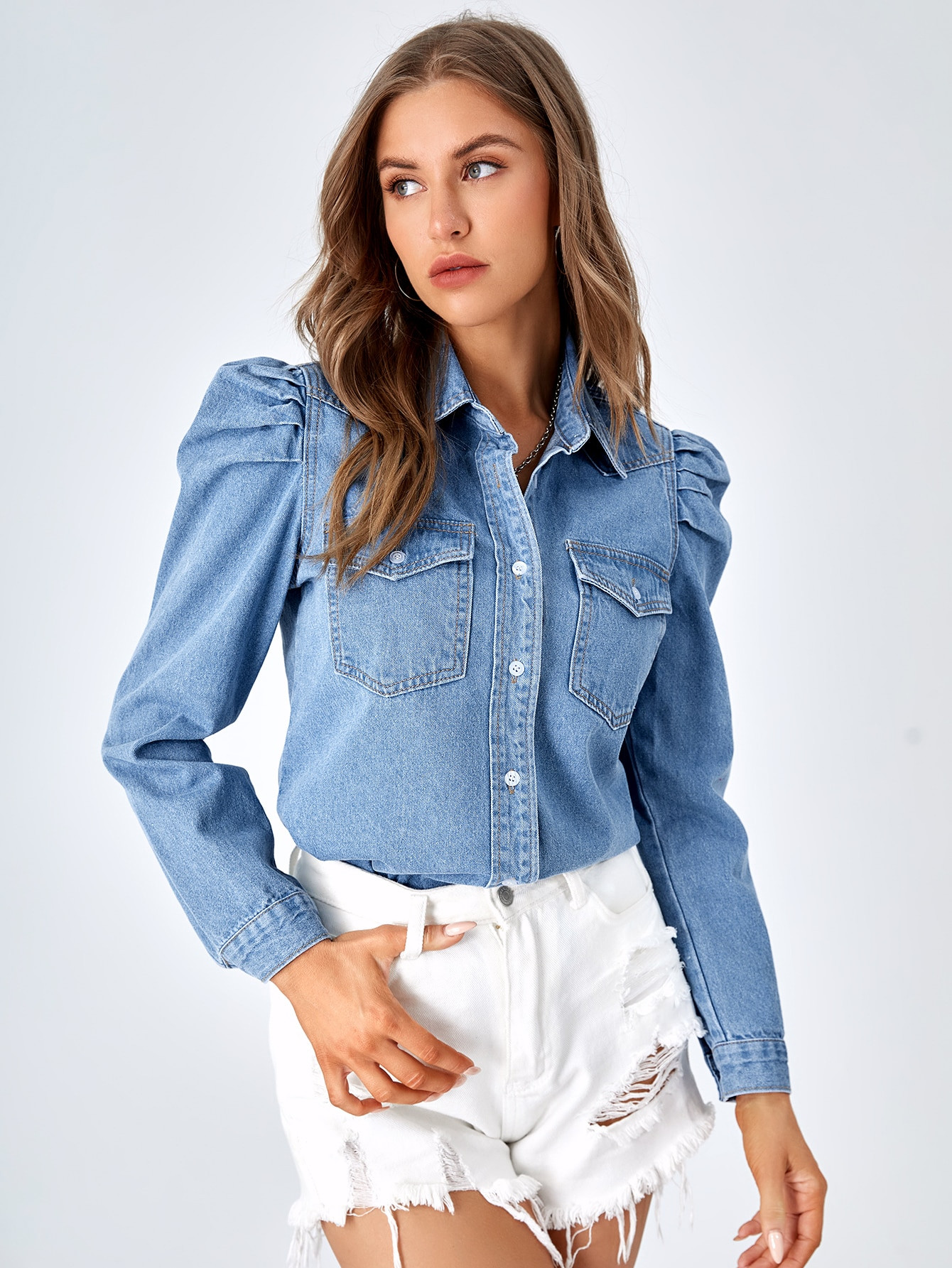 SHEIN LUNE Flap Pocket Gigot Sleeve Denim Shirt | SHEIN