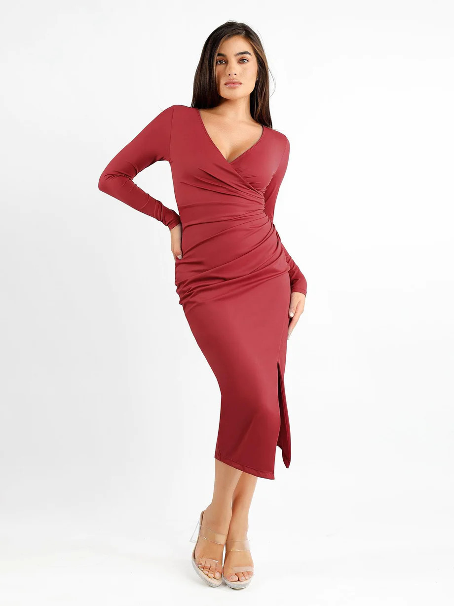 Built-In Shapewear Long Sleeve Split Dresses | Popilush