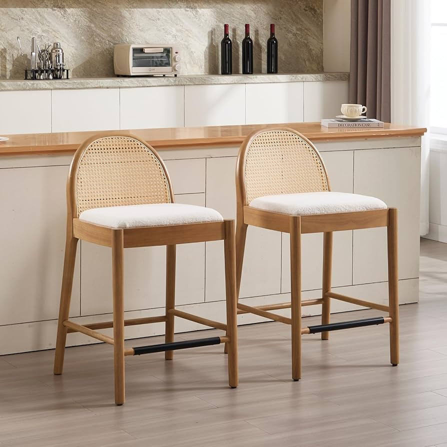 HEAH-YO Rattan Counter Stools Set of 2, 26 Inches Counter Height Bar Stools with Rattan Backrests... | Amazon (US)