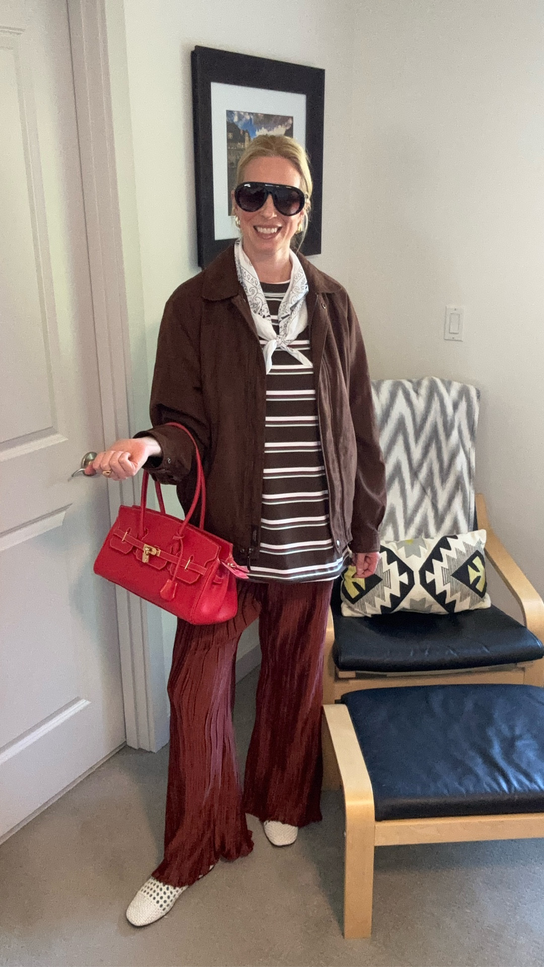 Vintage men’s Claiborne faux suede bomber jacket from eBay
Long sleeve striped shirt by Lioness from Amazon
Pants from H&M
Bandana and sunglasses from Amazon￼
Bags from Vestiaire collective
Shoes from @Zara 
Socks from @uniqlo 

#LTKootd #LTKOver40 #LTKmomlife