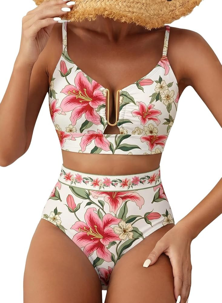 Womens 2 Piece High Waisted U Wire Bikini Set Floral Print Swimsuit Crisscross Back Bathing Suit ... | Amazon (US)
