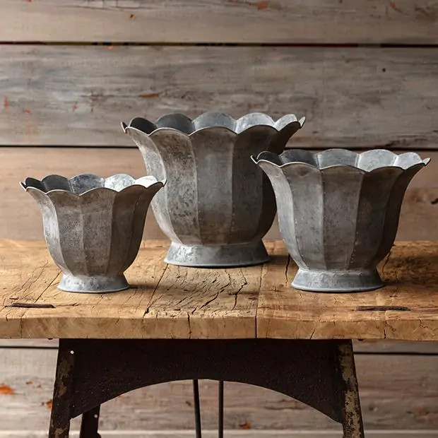 Rustic Metal Scalloped Vases Set of 3 | Antique Farm House