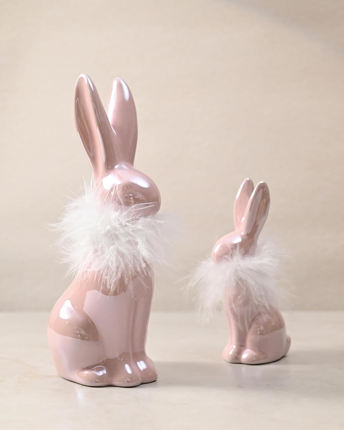 RM ROOMERS Easter 2PCS Bunny Figurine Decor Pink and White Ceramic Rabbit Statues with Fluff on N... | Amazon (US)