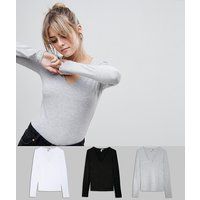 ASOS DESIGN Ultimate Top with Long Sleeve and V-Neck 3 Pack - Black/white/grey | ASOS EE