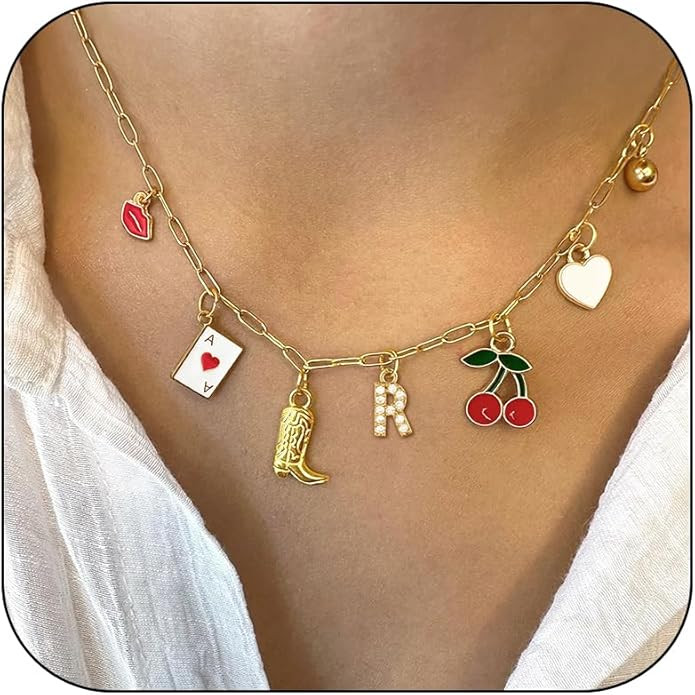 Initial Charm Necklace for Women Beach Letter Necklace Gold Charms Pendant Western Cowgirl Cherry... | Amazon (US)