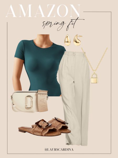 This Amazon spring fit includes a crewneck bodysuit in dark green, tan trouser pant, a tan Marc Jacobs purse, a gold lock necklace, gold teardrop earrings, and woven slides.  

Ootd, casual outfit, office outfit, spring style, Amazon fashion

#LTKfindsunder50 #LTKmidsize #LTKshoecrush