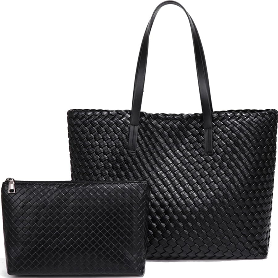 Large Capacity Shoulder Handbag Woven Leather Tote Bag with Matching Pouch Travel Lightweight | Amazon (US)