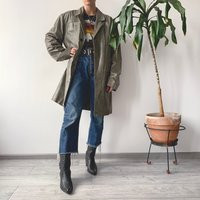 Vintage Unisex Oversized Khaki Olive Green Leather Jacket Button Up Semi Overcoat Midi Coat Grunge E | Etsy (US)