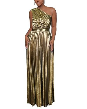 AOMEI Women's Luxury Metallic One Shoulder Sleeveless Elegant Pleated Long Dress | Amazon (US)