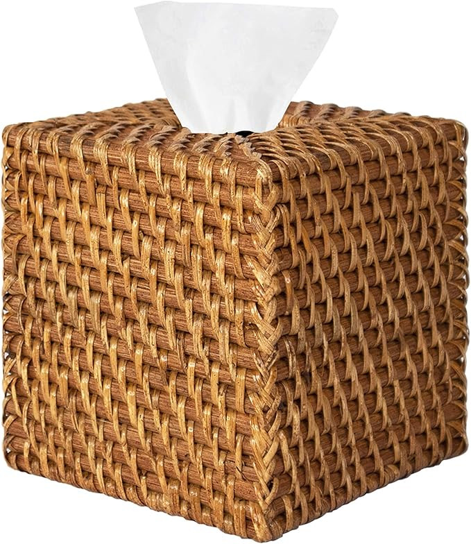 Woven Rattan Square Tissue Box Holder for Kitchen, Bathroom, Car | Decorative Wicker Refillable F... | Amazon (US)