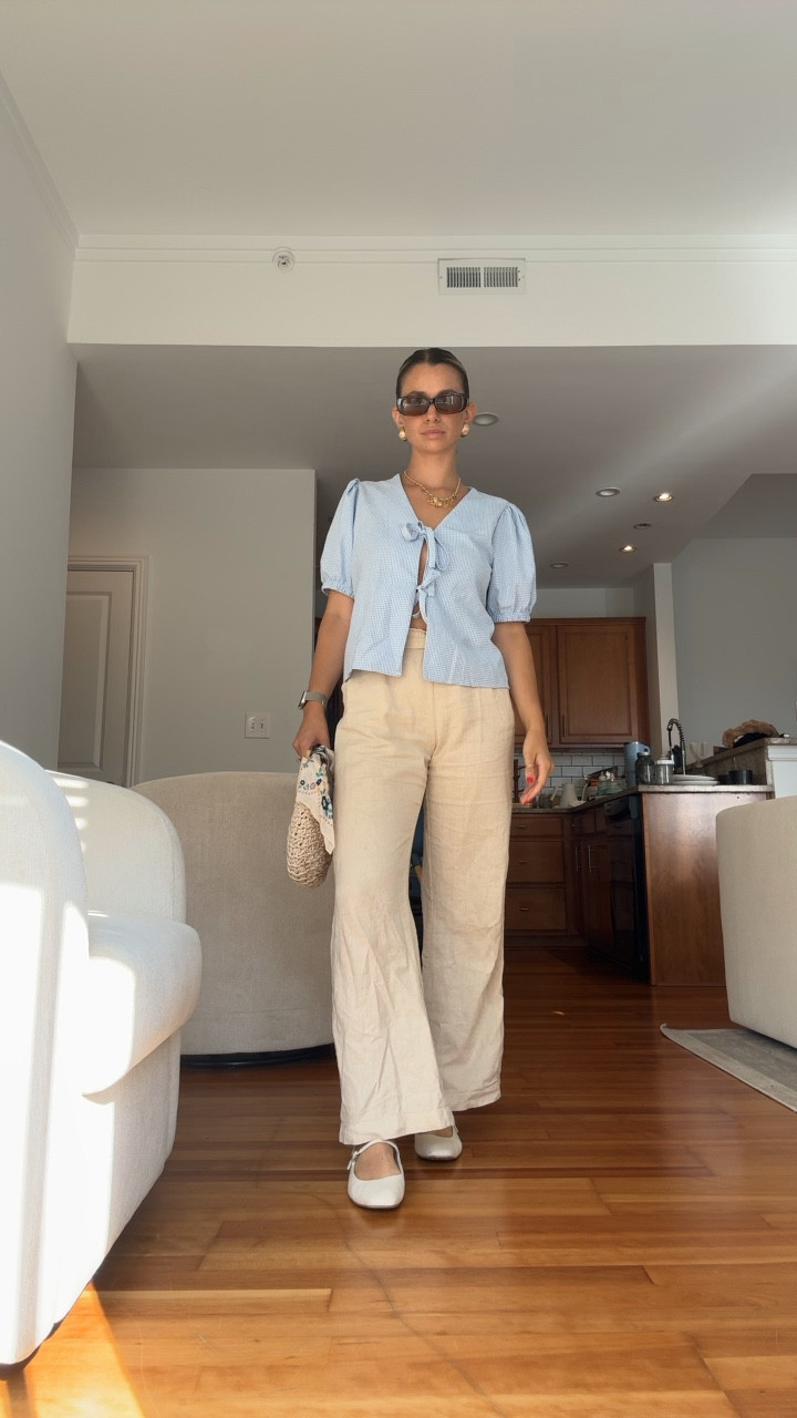 Summer outfit, blouse, front tie blouse, linen pants, summer, flats