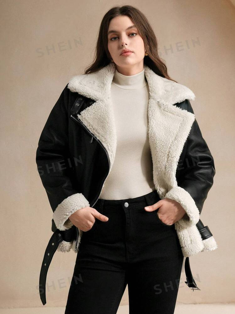 Anewsta Women Plus Size Winter Casual Patchwork Faux Fur Trim Zip Up Collared Jacket | SHEIN
