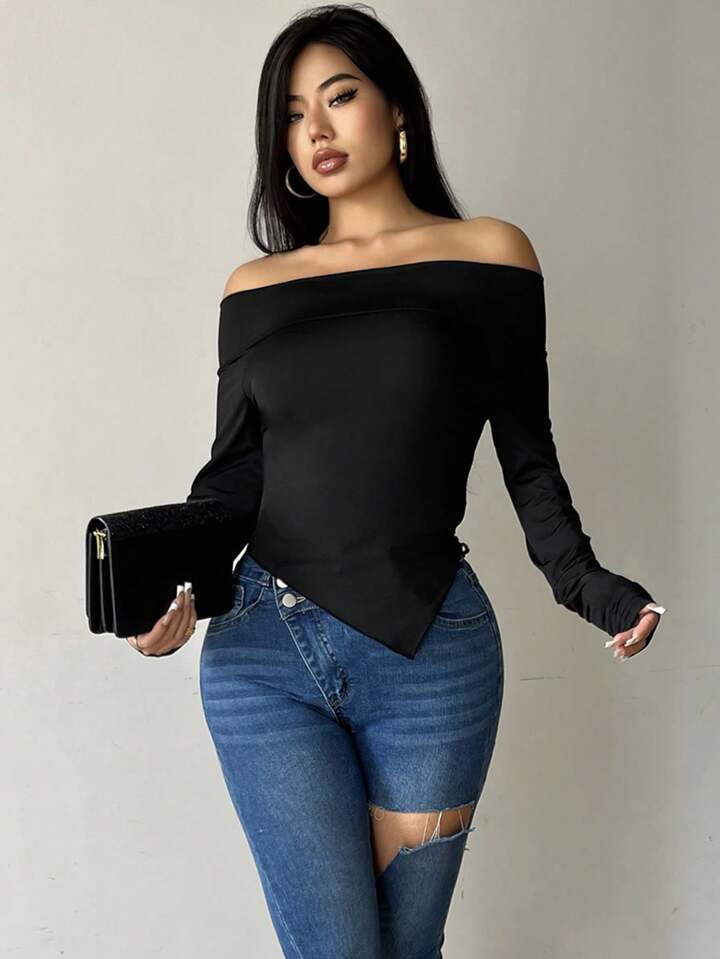 SHEIN SXY Off Shoulder Asymmetrical Hem Top | SHEIN