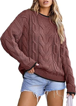 EVALESS Sweaters for Women Trendy Crewneck Long Sleeve Color Block Sweater Tops Fall 2025 Chunky ... | Amazon (US)