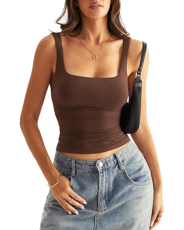 Eachyes Womens Square Neck Double Lined Tank Tops Low Back Fitted Sleeveless Tops | Amazon (UK)
