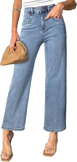 Sidefeel Women's Wide Leg Jeans High Waisted Stretchy Jeans Straight Leg Zimbaplatinum Ankle Deni... | Amazon (US)